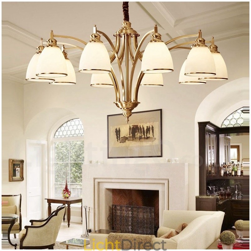 Grote luxe rustieke retro vintage kroonluchter van puur messing met glazen kappen