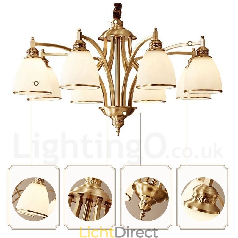 Grote luxe rustieke retro vintage kroonluchter van puur messing met glazen kappen