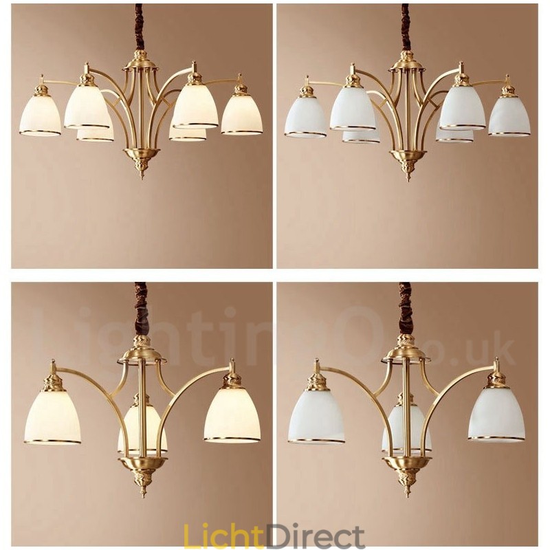 Grote luxe rustieke retro vintage kroonluchter van puur messing met glazen kappen
