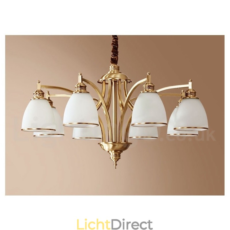 Grote luxe rustieke retro vintage kroonluchter van puur messing met glazen kappen