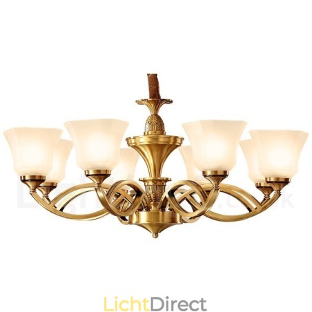 Grote luxe rustieke retro vintage kroonluchter van puur messing met glazen kappen Grote luxe rustieke retro vintage kroonluchter van puur messing met glazen kappen
