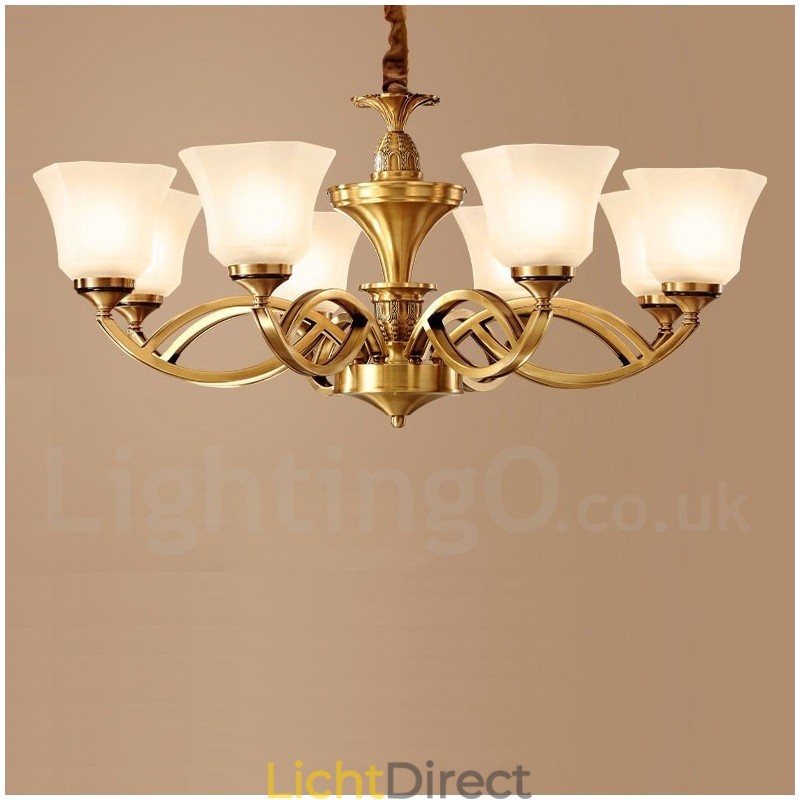 Grote luxe rustieke retro vintage kroonluchter van puur messing met glazen kappen
