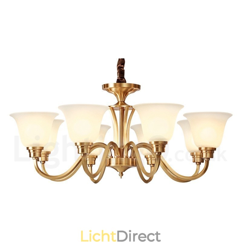 Grote luxe rustieke retro vintage kroonluchter van massief messing met glazen kappen van puur messing