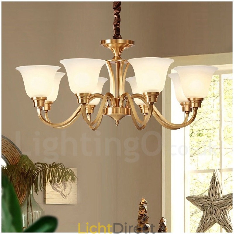 Grote luxe rustieke retro vintage kroonluchter van massief messing met glazen kappen van puur messing