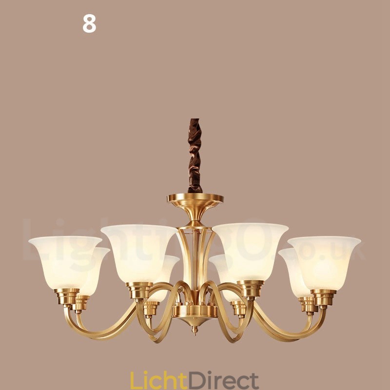Grote luxe rustieke retro vintage kroonluchter van massief messing met glazen kappen van puur messing