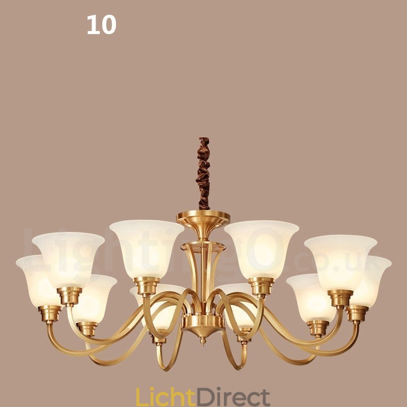 Grote luxe rustieke retro vintage kroonluchter van massief messing met glazen kappen van puur messing