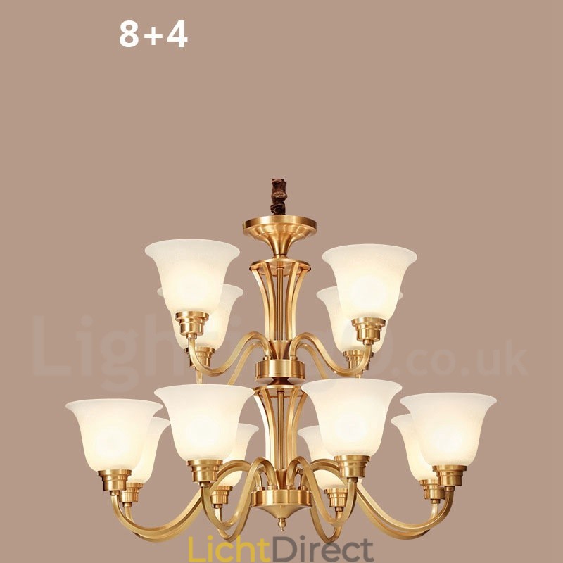 Grote luxe rustieke retro vintage kroonluchter van massief messing met glazen kappen van puur messing