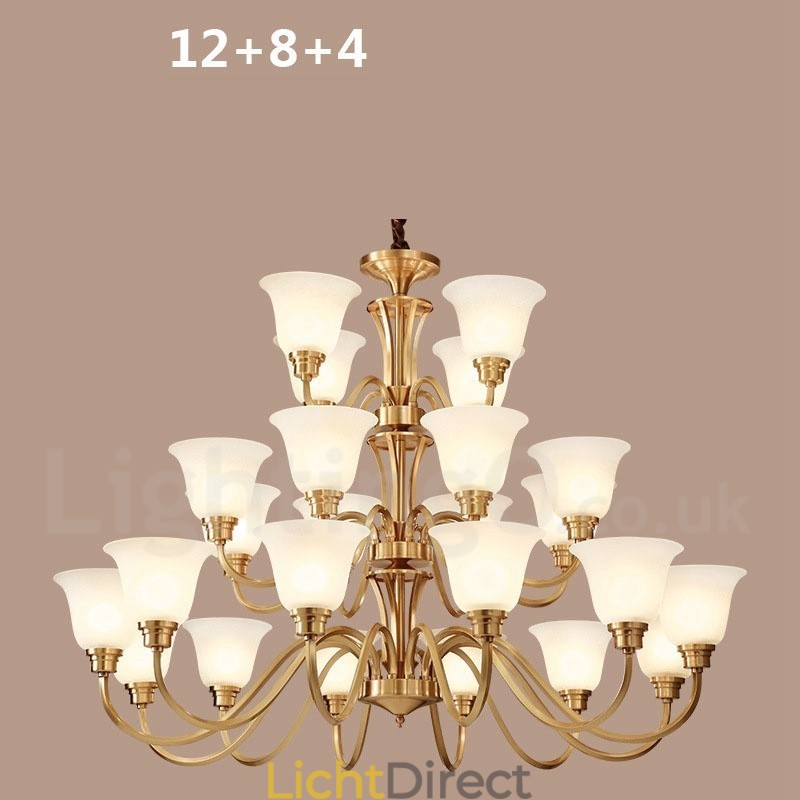 Grote luxe rustieke retro vintage kroonluchter van massief messing met glazen kappen van puur messing