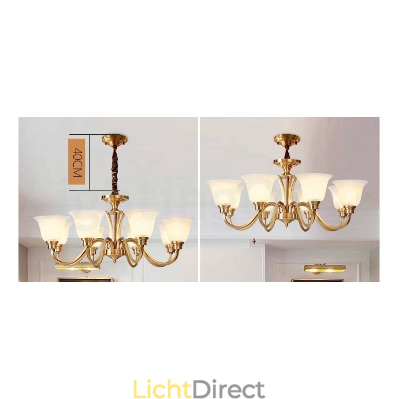 Grote luxe rustieke retro vintage kroonluchter van massief messing met glazen kappen van puur messing
