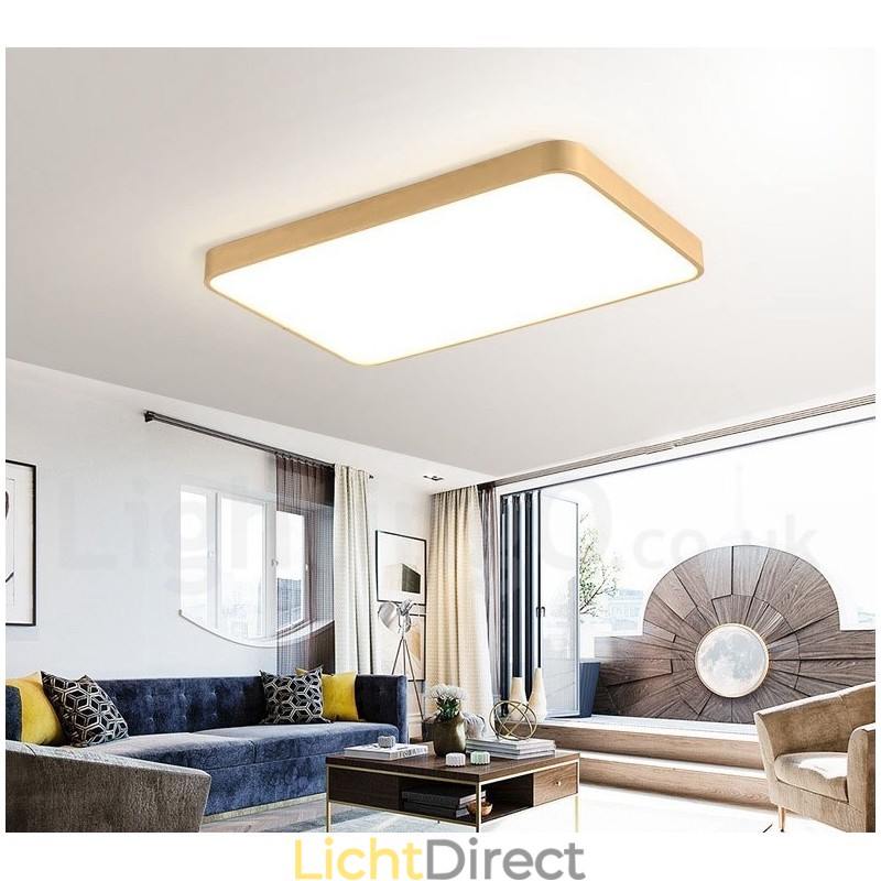 Ultradunne rechthoekige dimbare moderne eigentijdse Scandinavische stijl plafondlampen van messing met acryl kap. Kan ook als wandlamp worden gebruikt.