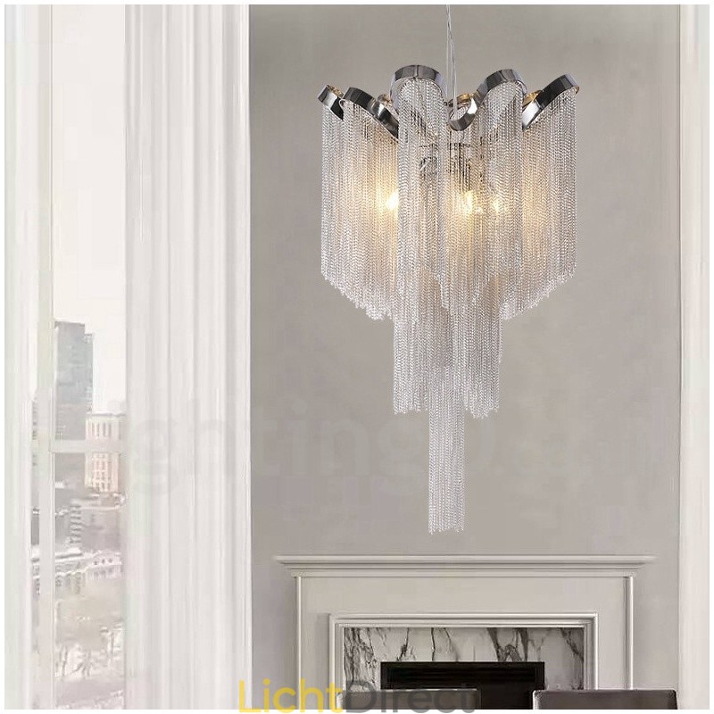Aluminium kwastjes kroonluchter design hanglamp zilverkleur