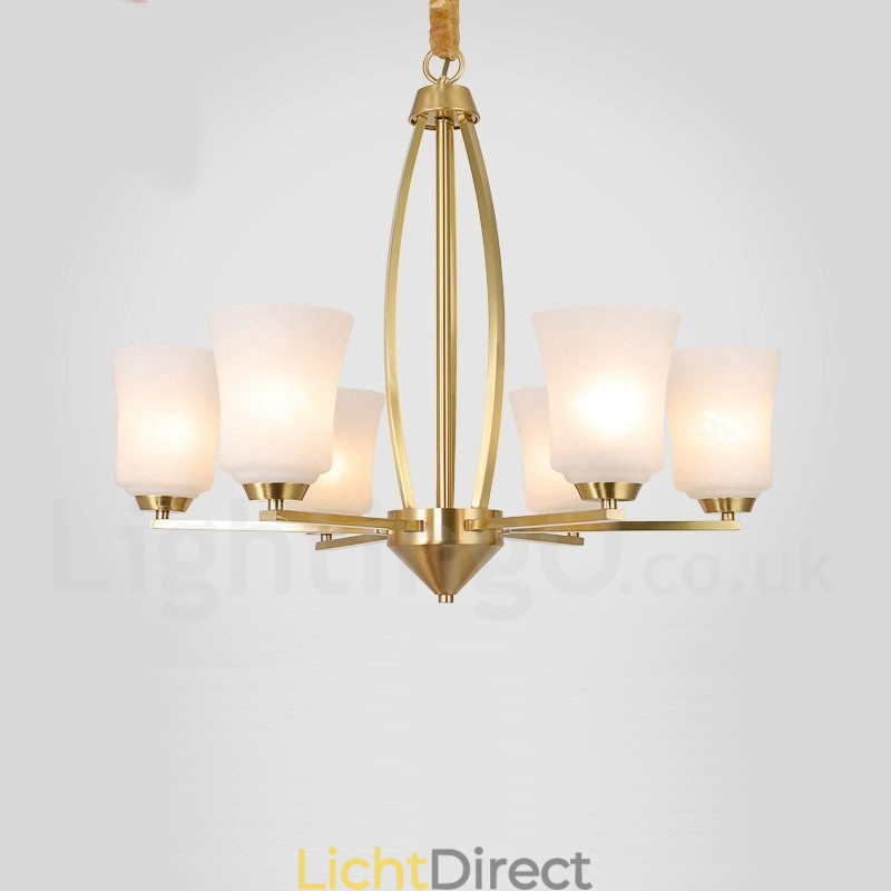 6-lichts puur messing grote luxe rustieke retro vintage messing hanglamp met glazen kappen