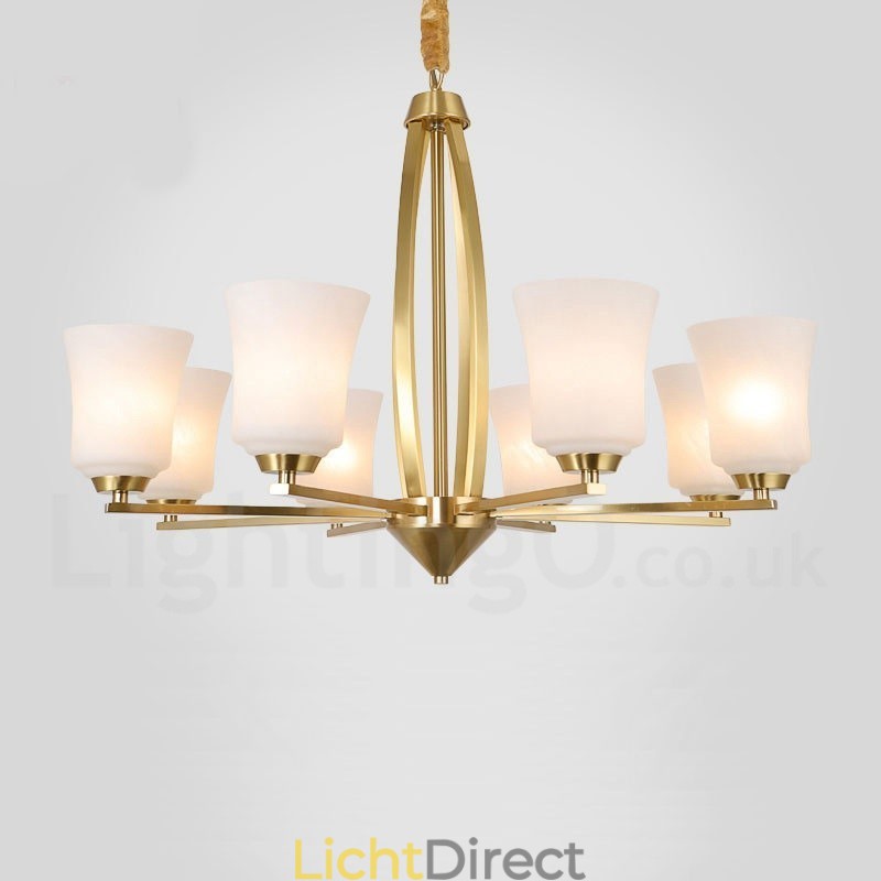 8 Lichts Pure Messing Grote Luxe Rustieke Retro Vintage Messing Hangende Kroonluchter met Glazen Kapjes