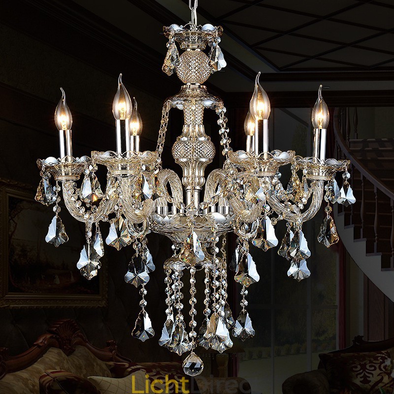 6 lampen retro cognac kleur K9 kristal moderne kroonluchter