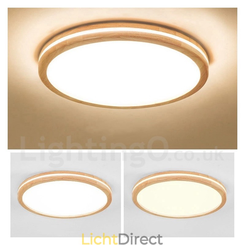 Dimbare ronde houten plafondlamp met lens, moderne eigentijdse Scandinavische stijl, plafondlamp van hout met acryl kap en afstandsbediening. Kan ook als wandlamp worden gebruikt.