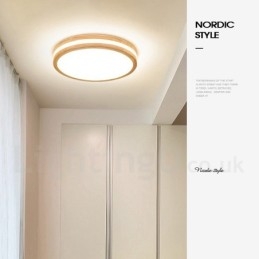 Dimbare ronde houten plafondlamp met lens, moderne eigentijdse Scandinavische stijl, plafondlamp van hout met acryl kap en afstandsbediening. Kan ook als wandlamp worden gebruikt.