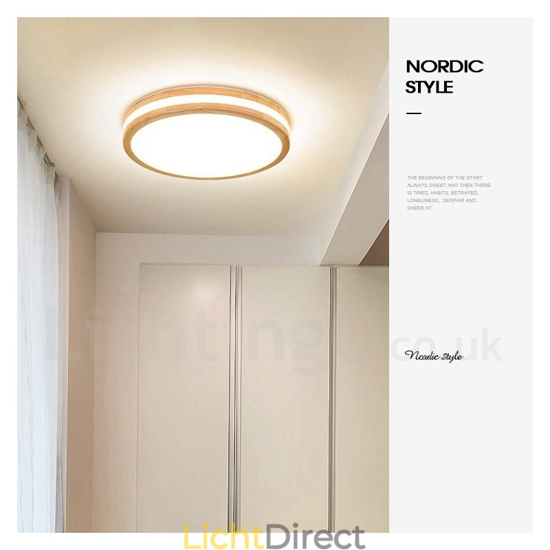Dimbare ronde houten plafondlamp met lens, moderne eigentijdse Scandinavische stijl, plafondlamp van hout met acryl kap en afstandsbediening. Kan ook als wandlamp worden gebruikt.