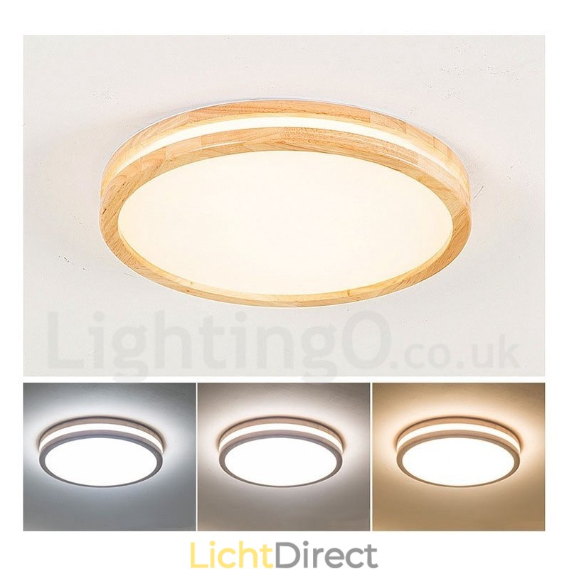 Dimbare ronde houten plafondlamp met lens, moderne eigentijdse Scandinavische stijl, plafondlamp van hout met acryl kap en afstandsbediening. Kan ook als wandlamp worden gebruikt.