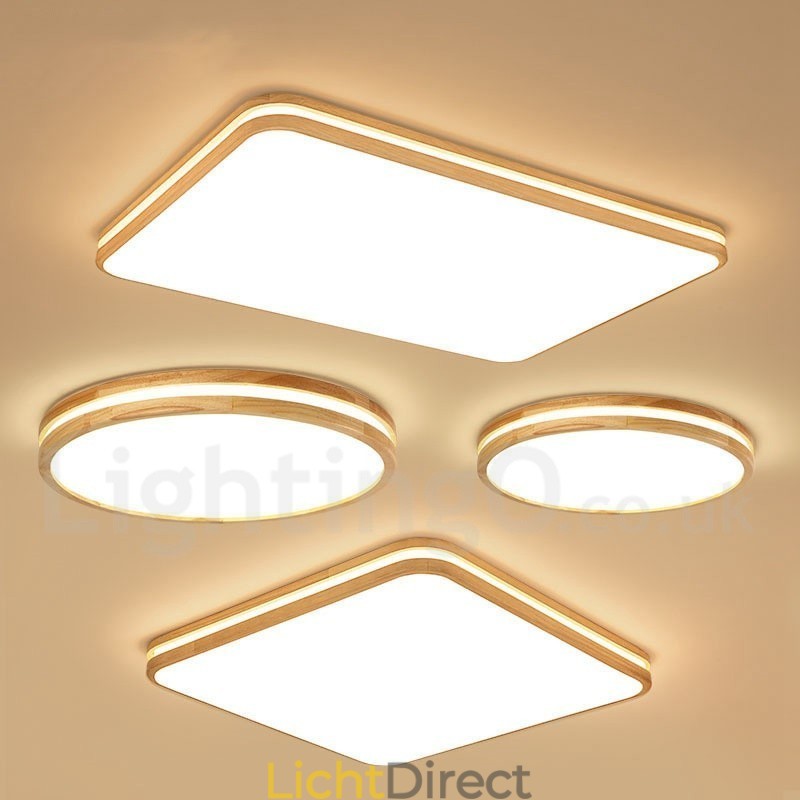 Dimbare ronde houten plafondlamp met lens, moderne eigentijdse Scandinavische stijl, plafondlamp van hout met acryl kap en afstandsbediening. Kan ook als wandlamp worden gebruikt.