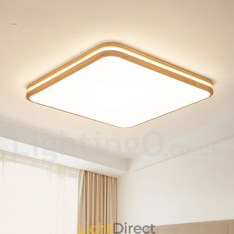 Vierkant houten plafondlamp met lens, moderne eigentijdse Scandinavische stijl, plafondlamp van hout met acryl kap en afstandsbediening. Kan ook als wandlamp worden gebruikt.