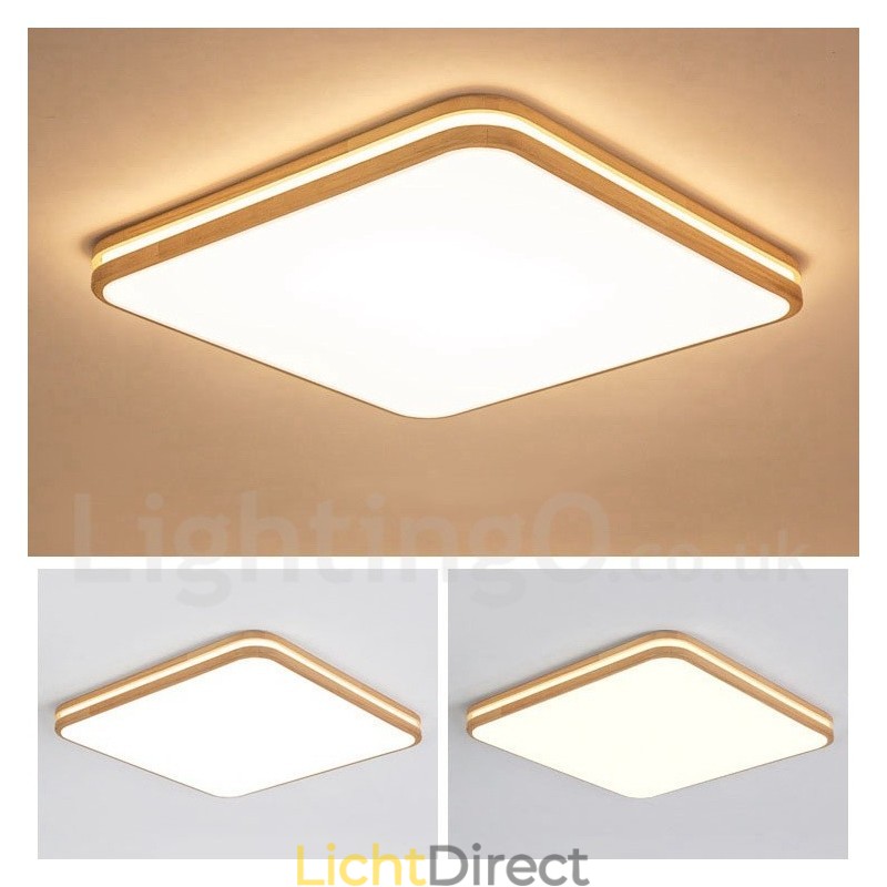 Vierkant houten plafondlamp met lens, moderne eigentijdse Scandinavische stijl, plafondlamp van hout met acryl kap en afstandsbediening. Kan ook als wandlamp worden gebruikt.