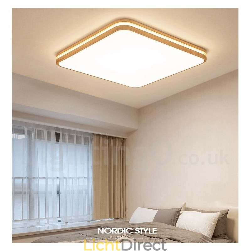 Vierkant houten plafondlamp met lens, moderne eigentijdse Scandinavische stijl, plafondlamp van hout met acryl kap en afstandsbediening. Kan ook als wandlamp worden gebruikt.