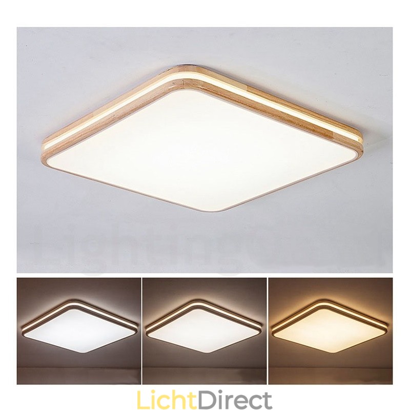 Vierkant houten plafondlamp met lens, moderne eigentijdse Scandinavische stijl, plafondlamp van hout met acryl kap en afstandsbediening. Kan ook als wandlamp worden gebruikt.