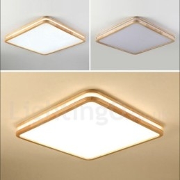 Vierkant houten plafondlamp met lens, moderne eigentijdse Scandinavische stijl, plafondlamp van hout met acryl kap en afstandsbediening. Kan ook als wandlamp worden gebruikt.