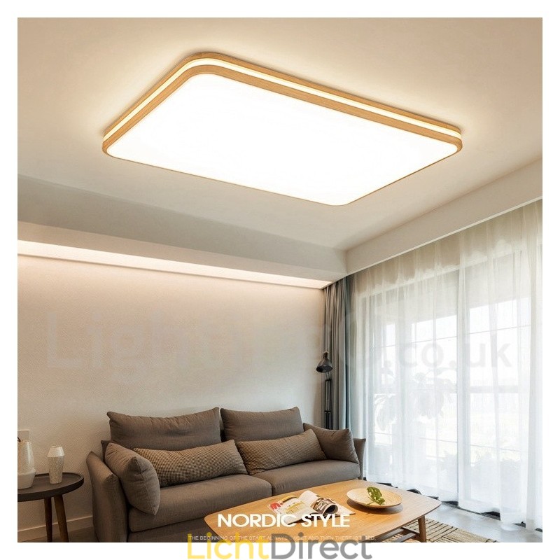 Dimbare rechthoekige houten plafondlamp met lens, moderne eigentijdse Scandinavische stijl, plafondlamp van hout met acryl kap en afstandsbediening. Kan ook als wandlamp worden gebruikt.