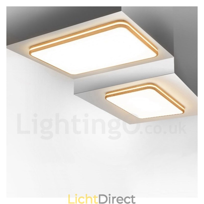 Dimbare rechthoekige houten plafondlamp met lens, moderne eigentijdse Scandinavische stijl, plafondlamp van hout met acryl kap en afstandsbediening. Kan ook als wandlamp worden gebruikt.