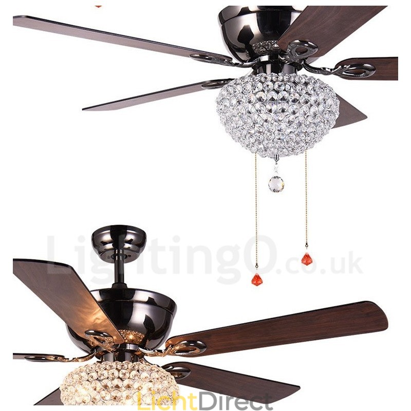 132CM (52") Amerikaanse stijl houten retro afstandsbediening plafondventilatorlamp met kristallen kap, dempende zuiver koperen motor