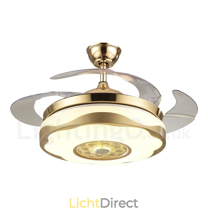 108CM (42") 91CM (36") Moderne eigentijdse afstandsbediening goudkleurige plafondventilatorlamp met acryl kap, dempen, zuiver koperen motor