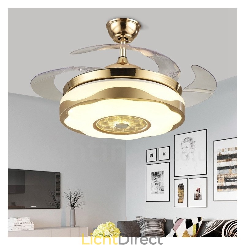 108CM (42") 91CM (36") Moderne eigentijdse afstandsbediening goudkleurige plafondventilatorlamp met acryl kap, dempen, zuiver koperen motor