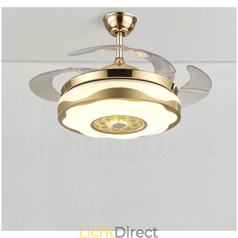108CM (42") 91CM (36") Moderne eigentijdse afstandsbediening goudkleurige plafondventilatorlamp met acryl kap, dempen, zuiver koperen motor