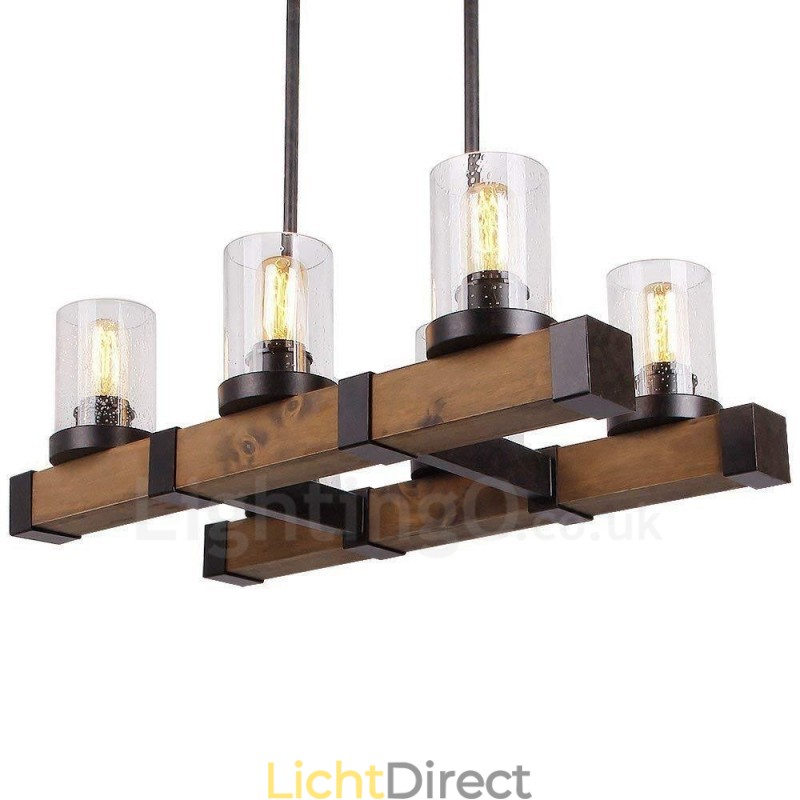 6 Licht Vintage Houten Kroonluchter Industriële Wind Loft Houten Lineaire Hanglamp
