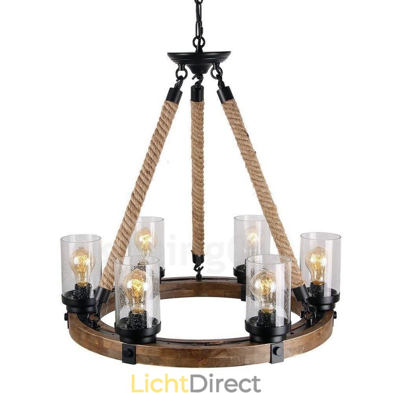 6 Licht Ring Vintage Houten Kroonluchter Industriële Wind Loft Houten Lineaire Hanglamp