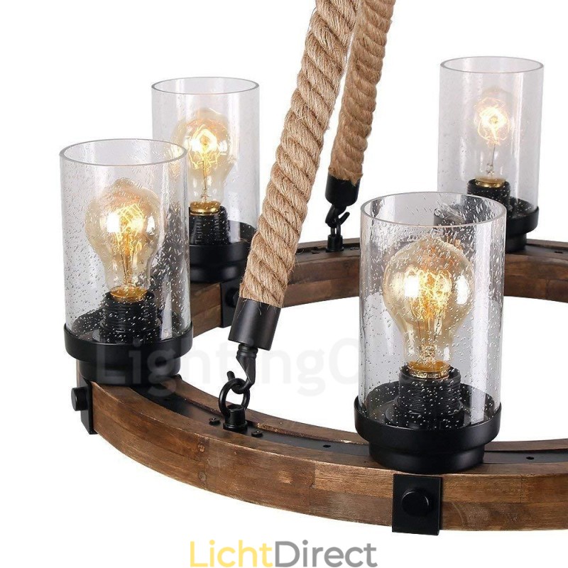6 Licht Ring Vintage Houten Kroonluchter Industriële Wind Loft Houten Lineaire Hanglamp