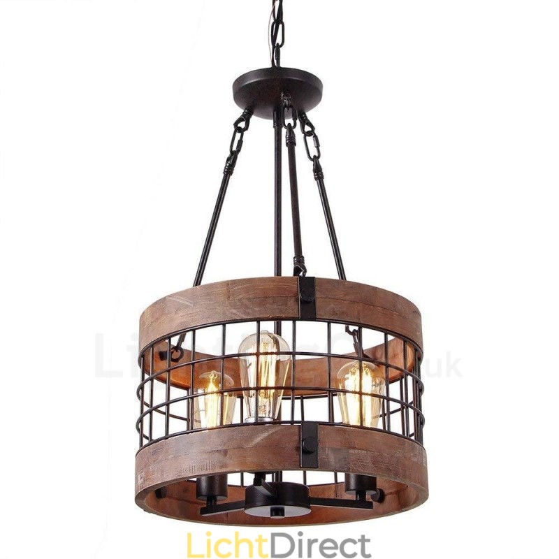 3 Lichts Drum Vintage Houten Kroonluchter Industriële Wind Loft Houten Lineaire Hanglamp