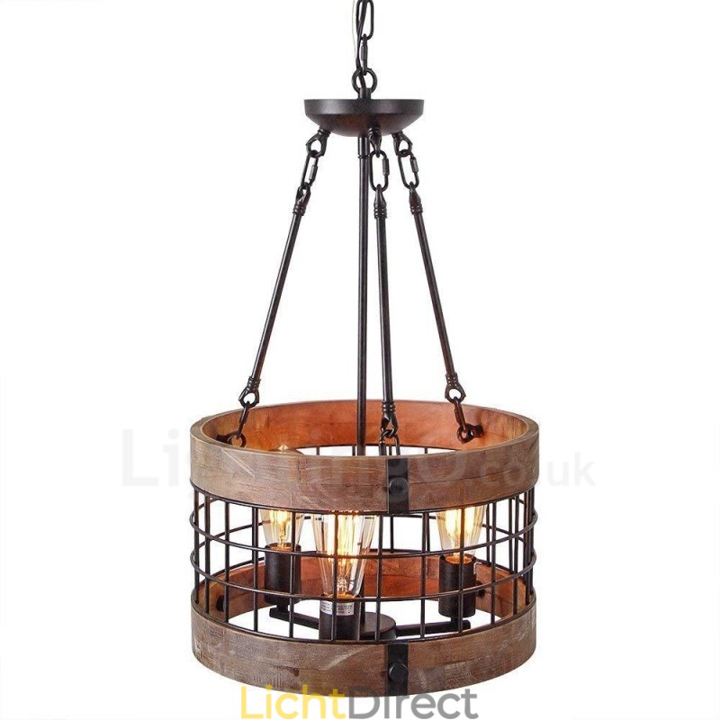 3 Lichts Drum Vintage Houten Kroonluchter Industriële Wind Loft Houten Lineaire Hanglamp