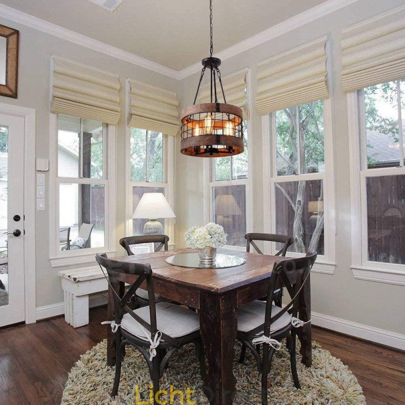 3 Lichts Drum Vintage Houten Kroonluchter Industriële Wind Loft Houten Lineaire Hanglamp