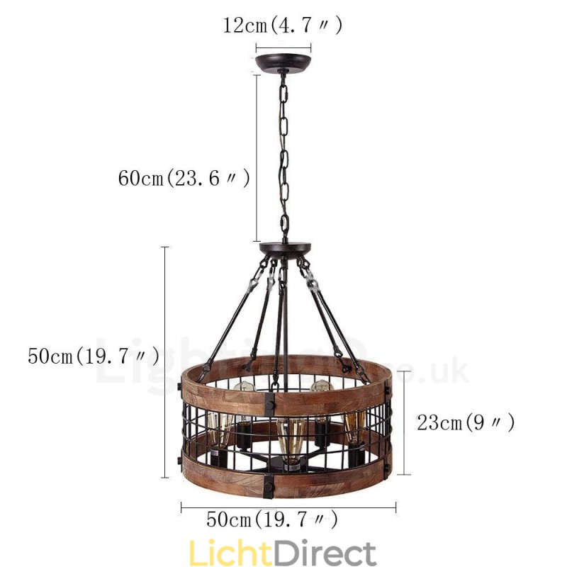 5-lichts trommel vintage houten kroonluchter industriële wind loft houten lineaire hanglamp