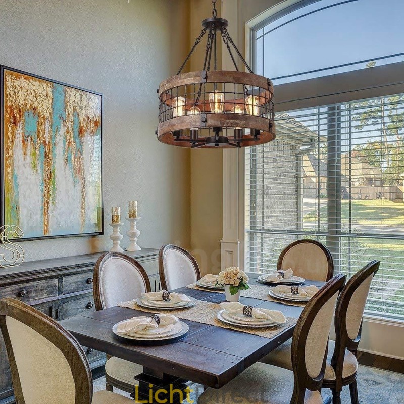 5-lichts trommel vintage houten kroonluchter industriële wind loft houten lineaire hanglamp