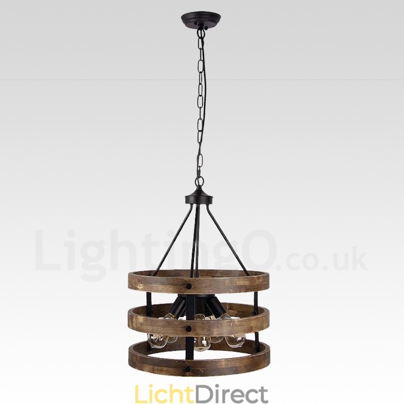 5-lichts trommel vintage houten kroonluchter industriële wind loft houten lineaire hanglamp