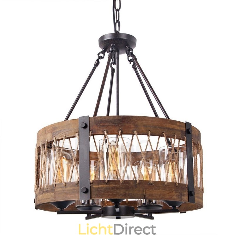 5-lichts trommel vintage houten kroonluchter industriële wind loft houten lineaire hanglamp