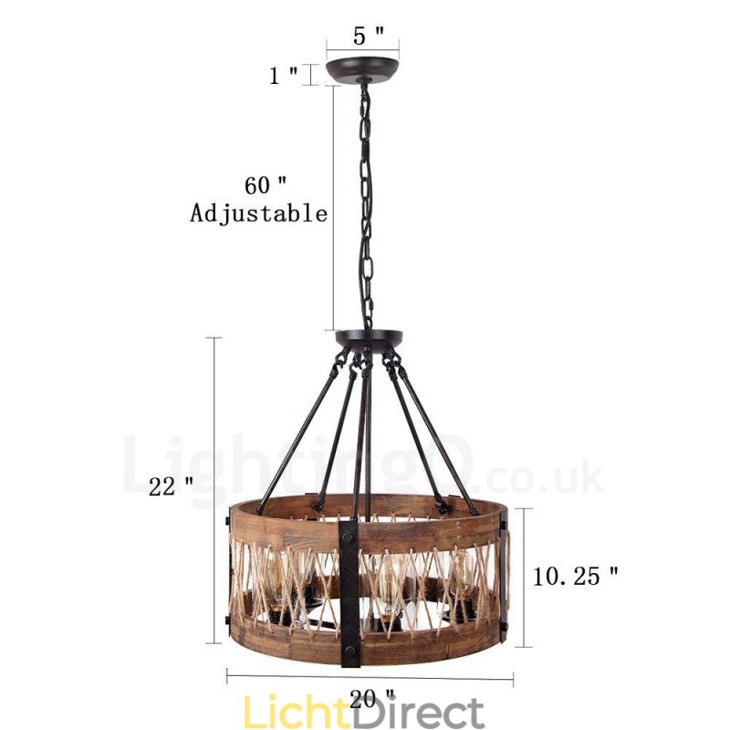 5-lichts trommel vintage houten kroonluchter industriële wind loft houten lineaire hanglamp