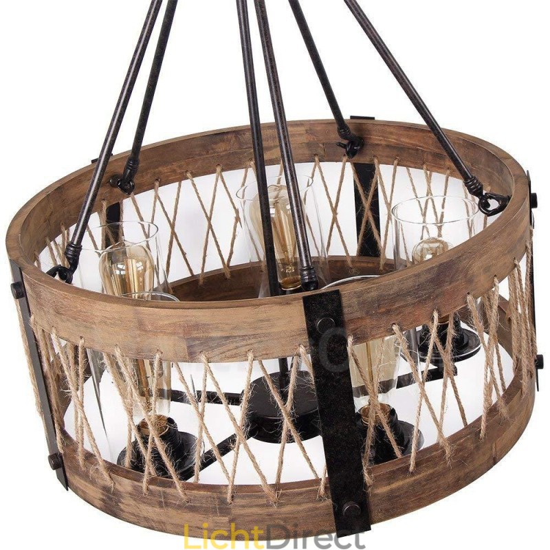 5-lichts trommel vintage houten kroonluchter industriële wind loft houten lineaire hanglamp