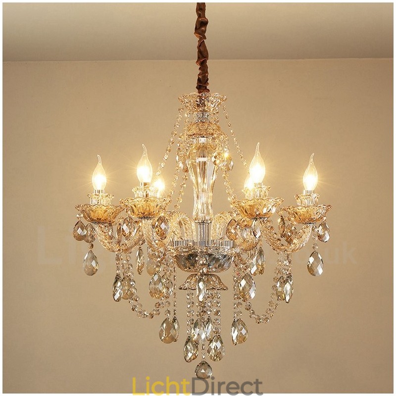 6-lichts cognackleurige elegante kristallen kaarskroonluchter
