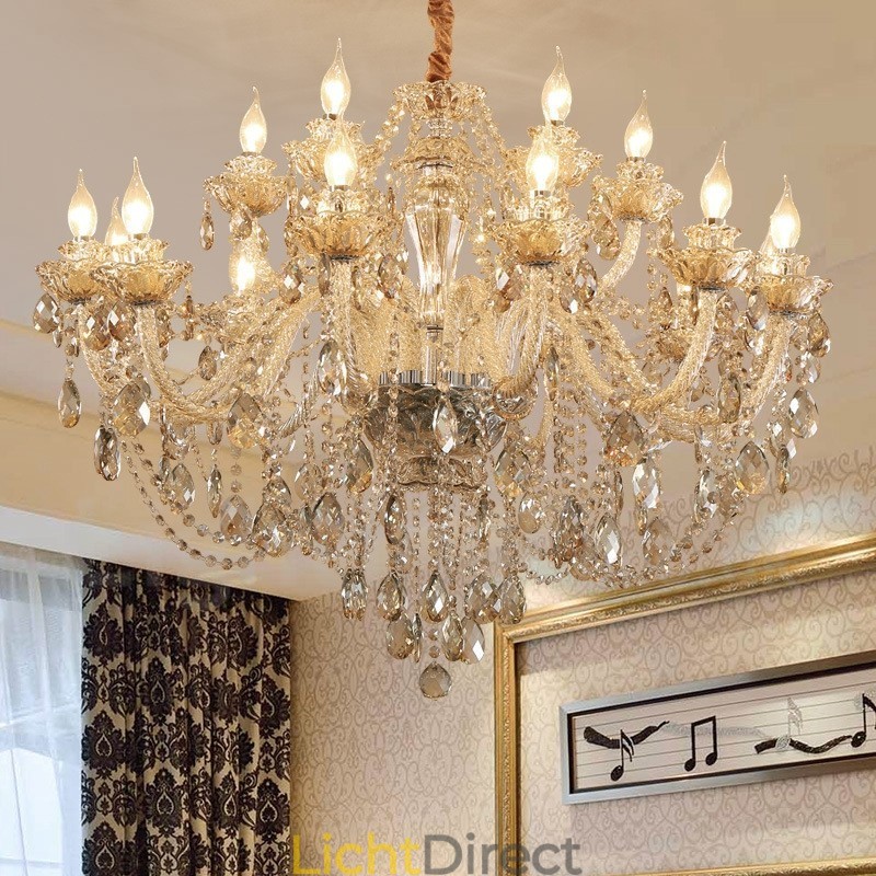 18 (12+6) Lichte cognackleurige elegante kristallen kaarskroonluchter