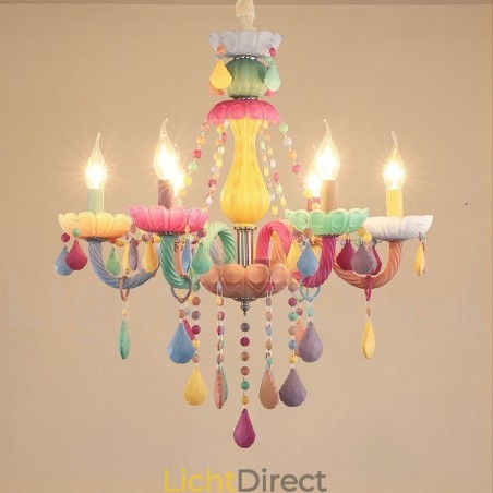 Macaron 6-lichts kroonluchter met veelkleurige kristallen kaars in mini-stijl voor kinderen Macaron 6-lichts kroonluchter met veelkleurige kristallen kaars in mini-stijl voor kinderen