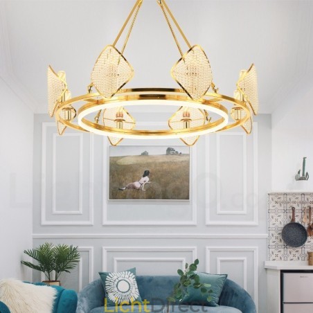 Gouden postmoderne luxe ronde K9 kristallen hanglamp met acryl kap tentoonstellingshal Gouden postmoderne luxe ronde K9 kristallen hanglamp met acryl kap tentoonstellingshal